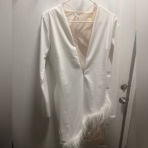 Custom white long sleeve mesh and feathered dress